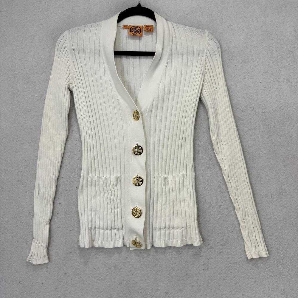 Tory Burch Cardigan Sweater Womens Small White V Neck Logo Button Knit Ribbed